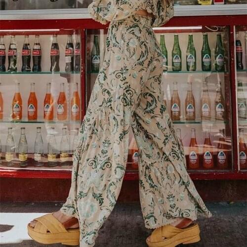 Happie Queens women floral print wide leg Bohemian pants ladies loose ruffles sashes rayon Boho long pants