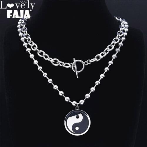 2pcs Hip Hop Yin Yang Gossip Stainless Steel Charm Necklace Women Silver Color Chain Necklace Jewelry collares mujer NK67S03