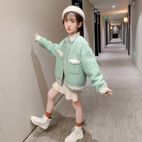Blue Green Jacket Winter Spring Coat Outerwear Top Children Clothes School Kids Costume Teenage Girl Clothing Woolen Cloth High