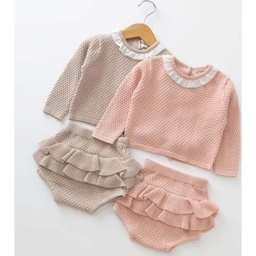 New Spring Autumn Fashion Baby Girls Clothes Long Sleeve Knit Sweater+ Lotus Leaf Shorts Sets Children Baby Clohting Knit Set