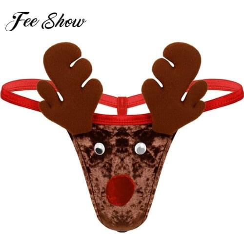 Mens Novelty Christmas Reindeer Costume Thongs Briefs Underwear Soft Velvet Lingerie Low Rise G-String Thong T-back Sexy Panties