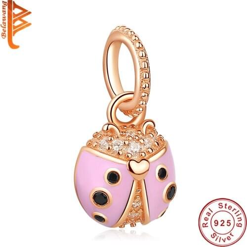 Wholesale Rose Gold Color Ladybug Clear Crystal 925 Sterling Silver Charm Fit Original pandora Charm Bracelet Jewelry Making