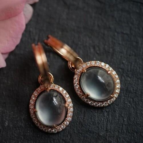 Original new silver diamond natural ice chalcedony egg round earrings elegant charm creative retro silver jeweler