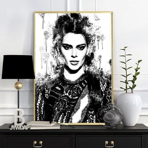 Watercolor Beauty Black White Poster, American Tv Celebrity Fashion Model Kendall Jenner Portrait Prints, Minimalism Home Decor