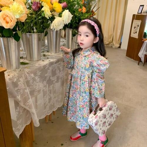 Girl Dress 2021 Spring and Autumn New Sweet Frill Lapel Print Children Fashion Princess dress