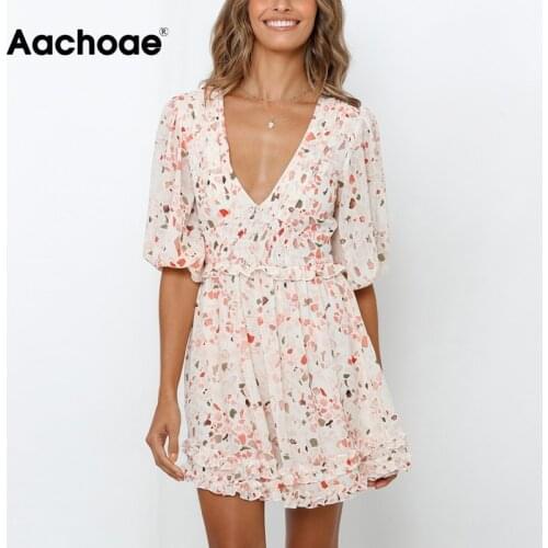 Aachoae Summer Print Mini Dress Women Sexy Deep V Neck Pleated Dresses Lantern Sleeve Beach Chiffon Dress Sundress Robe Femme