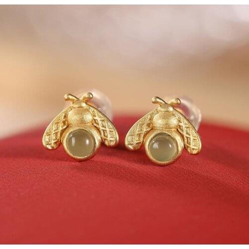 Natural Hetian Jasper Firefly Stud Earrings Retro Fresh Light Luxury Unique Craft Elegant Charm Womens Silver Jewelry