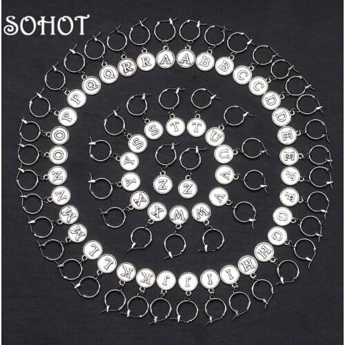 SOHOT Alloy 26 Letter Emboss Round Disc Pendant Women Hoop Earrings Chic Vintage Silver Color Charming Female Birthday Jewelry