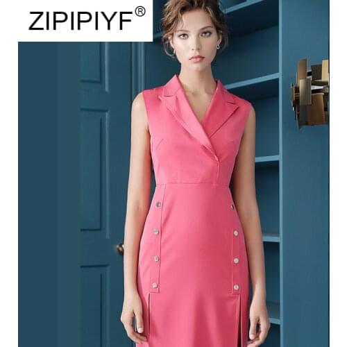 Silky Acetate Satin Dress OL Style Office Commuter Womens Elegant Notched Collar Rose Red Sleeveless Dress C1681