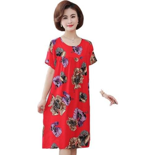 2021 Summer Middle-aged Mother Cotton Silk Dress Womens Loose High Waist Short Sleeve Dress Multicolor Printed Round Neck Dress