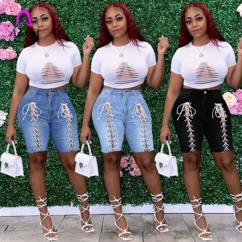 Bandage Women Denim Shorts Fitness High Waist Zipper Fly Jeans 2021 Summer Fashion Clothing Black Skinny Denim Pants Plus Size