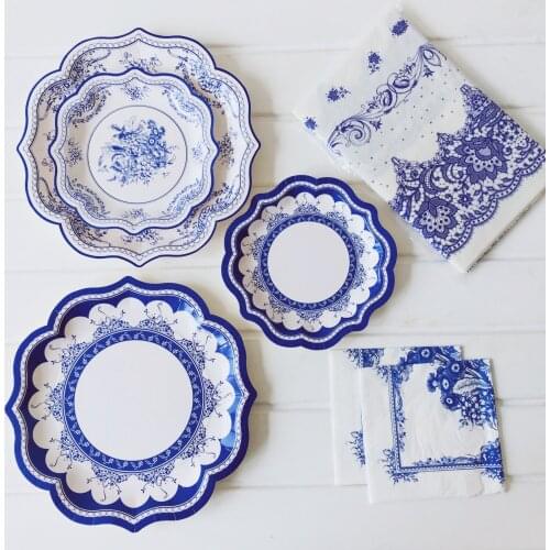 Chinese Style Blue and White Porcelain Paper Plate Retro Party Plate Wedding Lace Plate Festive Dinner Plate Disposable