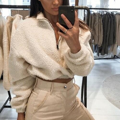 Zipper High Neck Y2k Sweatshirt Wommen Faux Lambswool Crop Tops Autumn Winter Long Sleeve Sweatshirts Fashion Solid Streetwear