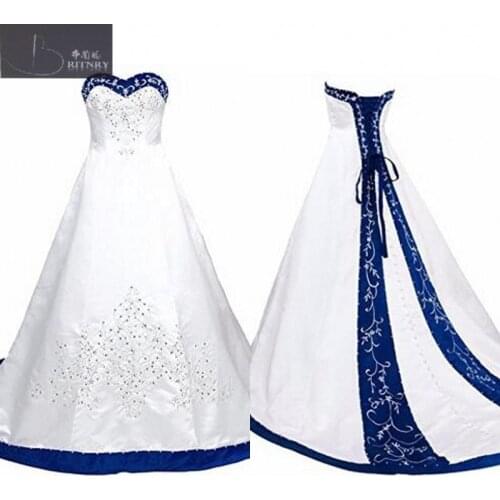 Vintage Sweetheart A Line Wedding Dress 2018 Embroidery White and Blue Satin Vintage Wedding Dress M170717-2