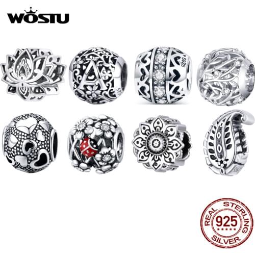 WOSTU 925 Sterling Silver Retro Pattern Beads Charms Dangle Pendant Fit Orginal Bracelets For Women Fashion Jewelry DIY Gift