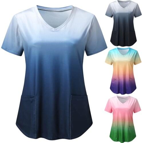 Medical Uniform Women Fashion Gradient Print Short Sleeve Neck Tops Working Uniform Blouse Shirt 2021 медицинская одежда жен