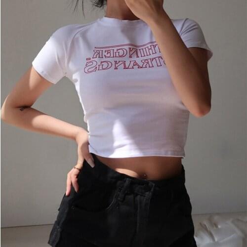 New Summer Women Short-sleeve T-shirt Solid Ladies High-waisted Navel Tight-fitting Top Casual Letter Embroidery Student Clothes