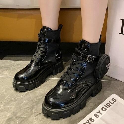 2021 Spring Women Ankle Boots Pocket Short Boot Ladies Lace Up Shoes Female Platform Comfortable Black Chunky Boot Big Size