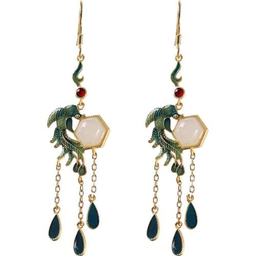 BOCAI 2021 Trendy Real s925 Silver Jewelry Fashionable Ethnic Sstyle Woman Earrings Enamel Hetian Jade Long Earrings for Women