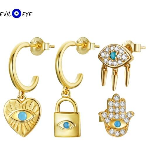 EVIL EYE 1pc Heart Fatima Hand Turkish Evil Eye Drop Earrings 925 Sterling Silver Small Dangle Earrings for Women Jewelry ES11