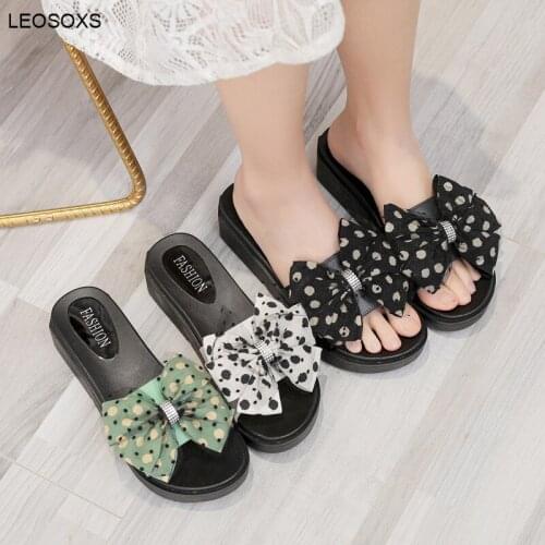 Woman Slippers Summer 2021 New All-match Bow Fashion Outer Wear Non-slip Thick-soled Simple Style 3-5CM Heel Shoes Slippers