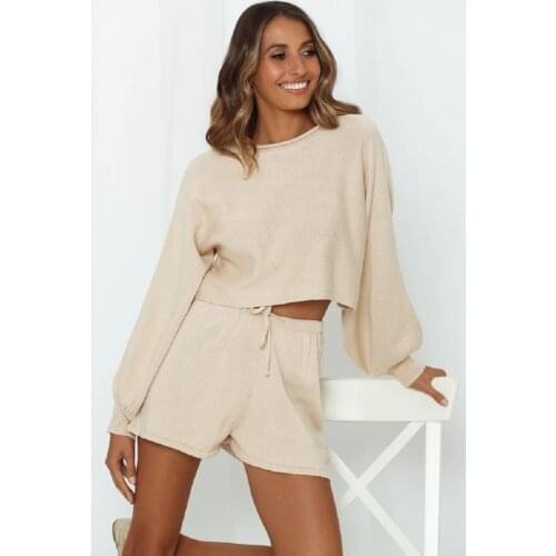 2021 New Casual Women Autumn Winter Sweater Loose Solid Outfits Set Lantern Sleeve O-neck Stripe Top+Shorts Female 2pcs Set