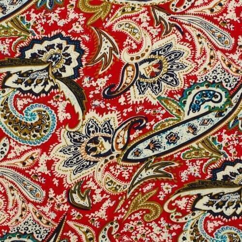 1 Yard Cotton Poplin Fabric for Sewing Patchwork, Dress, Cloth - Paisley Flowers on Red Background (width=140cm)
