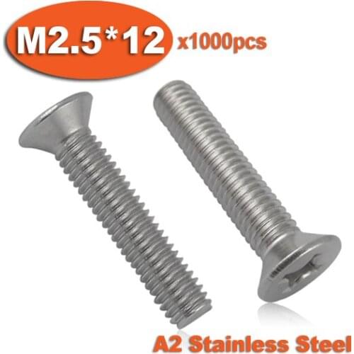 1000pcs DIN965 M2.5 x 12 A2 Stainless Steel Screw Cross Recessed Countersunk Flat Head Screws