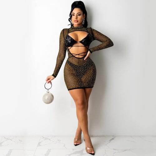 2021 Best Quality Fashion Design Dress Solid Diamond Hollow Out O-neck Sexy Mini Dress and Sequisn Bikini
