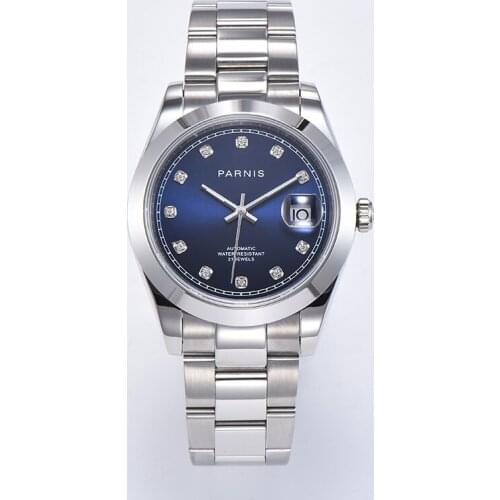 39.5mm Parnis Watch Luxury Automatic Mens Wristwatch Miyota8215 Movement Polished case Sapphire Glass Date Display Cyclops