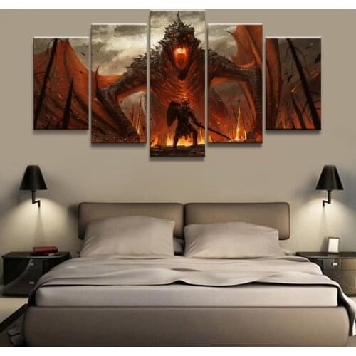 5 Panel Dragon Warrior Artistic Animation Canvas Printed Painting For Living Room Wall Art Decor HD Picture Works Poster
