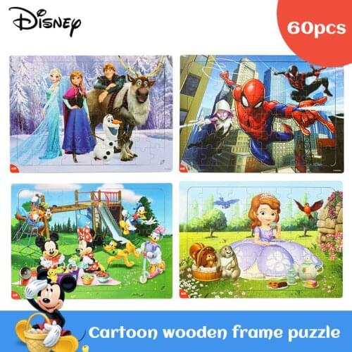 Disney Wooden Frame Cartoon 60pcs Puzzle Toy Frozen Elsa Ariel Princess Mickey Spider-man Children Educational Gift For Kids
