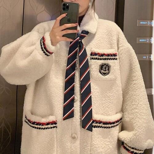 Velvet thick cardigan imitation lamb velvet jacket female tide ins autumn and winter students loose mid-length versatile top