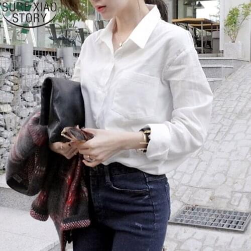 Spring Autumn Single-breasted Long Sleeve Top Solid Shirts Blouses Women Cotton White Blouse Plus Size Loose Casual Blusas 12651