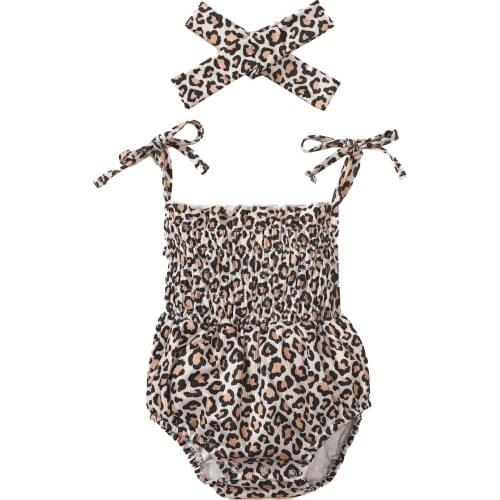 Pudcoco Baby Romper with Hairband, Kids Leopard/ Flower Print Sleeveless Strappy Bodysuit+ Headband, 0-24 Months