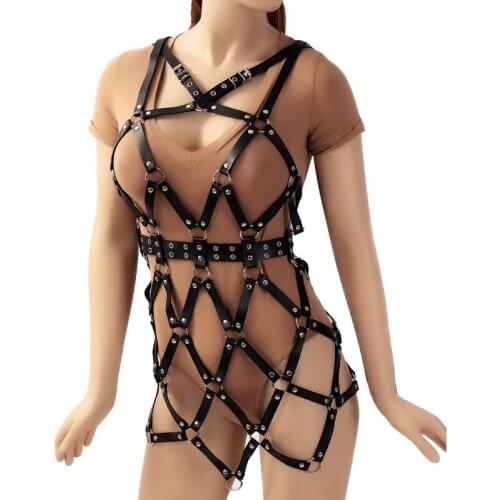 Exy Underwear Leather Harness Set Garter Belts Women Chest Straps Bra Full Body Bondage Cage Belts BDSM Mesh Dress Skirt Fetish
