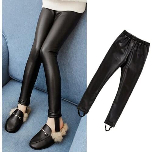 Teens Girls Stretchy Leggings Trousers Kids PU Black Solid Faux Leather Skinny Pants Children Clothing New Fashion Pencil Pants