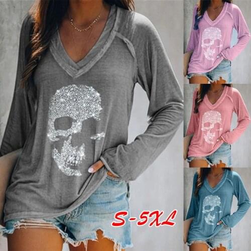 Casual Gothic Skulls Long Sleeve V-neck T-shirts Ladies 2021 Spring Autumn Solid Korean Clothes Graphic Harajuku Tee Tops Women