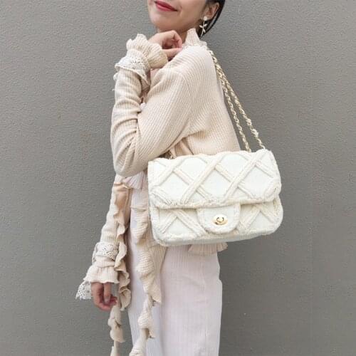 Canvas Women Flap Bag with Plush Diamounds Solid Color Crossbody Bag for Women Ladies Fashionable Wallet on Chain Channels