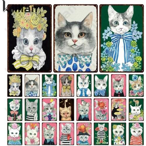 Cat Picture with Flowers Metal Plate Decoration Wall Animal Metal Poster Metal Plaque Bedroom Living Room Home Decoration