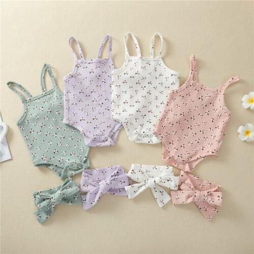 4 Colors Lovely Infant Girls Rompers Toddler Newborn Kids Girls Sleeveless Knitted Floral Romper Jumpsuits Headband Soft Clothes