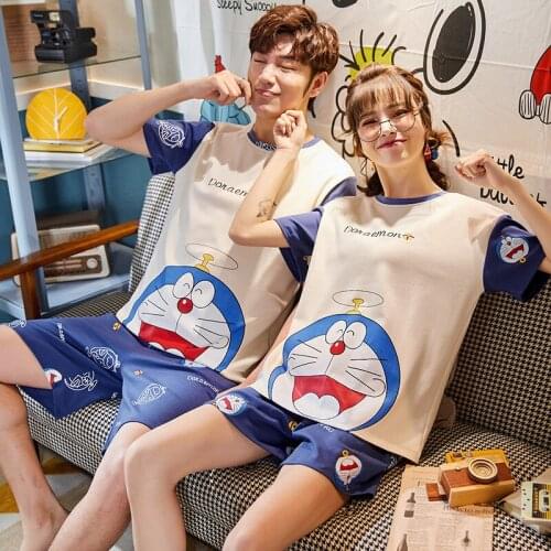 Summer fashion new couple pajamas shorts short-sleeved cotton cartoon round neck casual pajamas men and womens home service