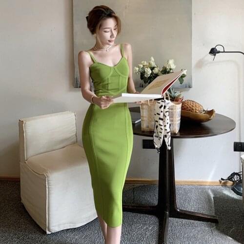 Fashion Summer Vintage Sleeveless Bodycon Skinny Midi Party Dress Ladies Elegant Streetwear Casual Sexy Strap Stretch Knit Dress