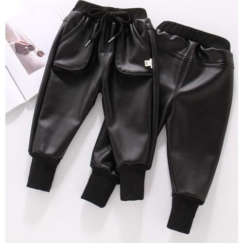 Fashion Baby Girl Boy PU Leather Pant Loose Velvet Infant Toddler Child Warm Cargo Trousers Winter Spring Kid Clothes 1-8Y