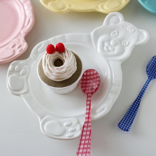 Cartoon Rabbit /Bear Dessert Plate Bowls Cute Ceramic Dinner Dishes Korean Ins Bear Dessert Flat Soup Bowl Breakfast Salad Tray