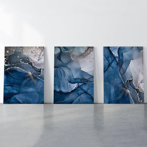 Set of 3 Blue Marble Canvas Prints Marble Canvas Wall Art Canvas Painting Pictures Decorative Posters for Living Room Home Decor