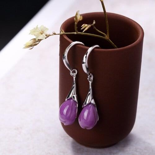 Natural retro 925sterling silver mosaic purple flower bud lotus jasper earrings long flower women jade earrings luxury