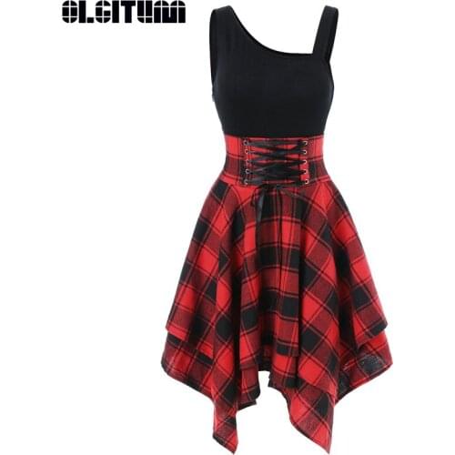 New 2020 Female Summer FashionCheck Sling Elastic Waist Irregular Lattice Party Club Dress Women Clothing DR988