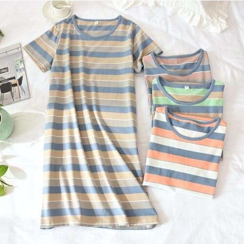 2020 new womens spring and summer 100% cotton short-sleeved skirt striped cute sweet thin section sleep skirt thin loose dress