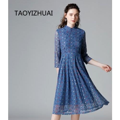TAOYIZHUAI autumn winter new arrival vintage style women dress big size mandarin collar a line three quarter party dress 14292